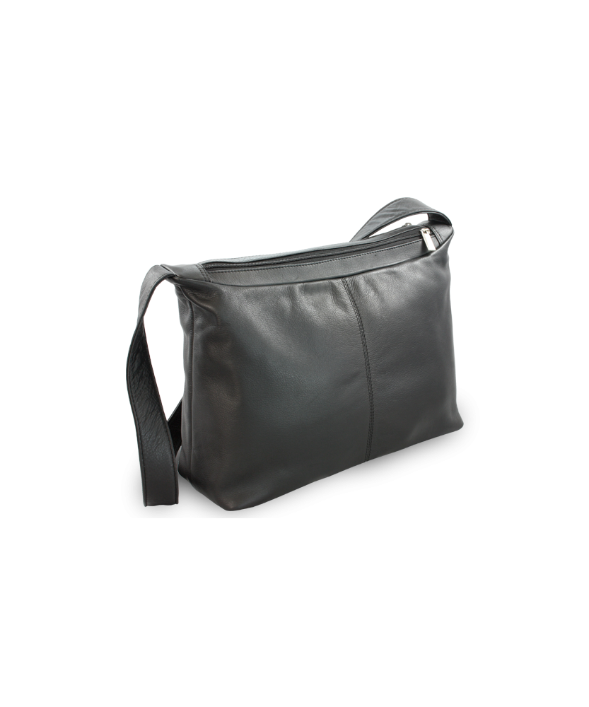 Černá kožená dvouzipová kabelka s širokým popruhem 212-4003-60