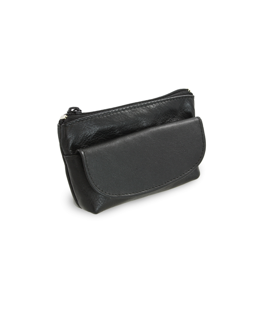 Černá kožená klíčenka se zipovou a klopnovou kapsičkou 619-0369-60