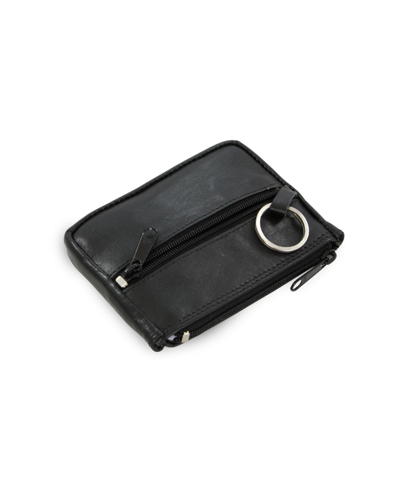 Černá kožená klíčenka se dvěma zipovými a klopnovou kapsičkou 619-0373-60