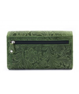 Tmavě zelená dámská kožená klopnová peněženka se vzorem 511-2235-57